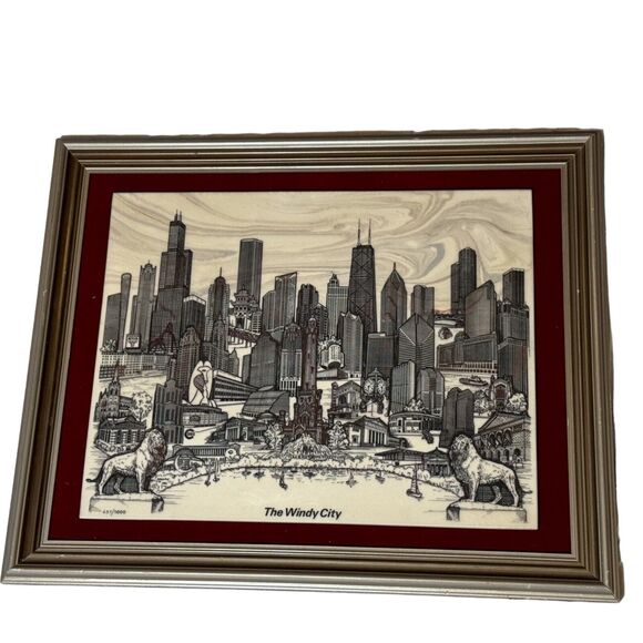 Rare World Cities LTD 1985 Chicago "The Windy City" by D. Larson Marble Etching - Picture 1 of 9